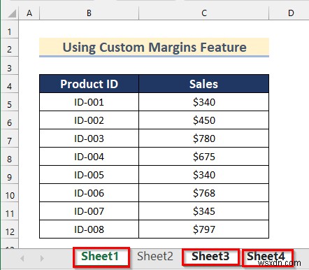 Thực hiện lệnh để căn giữa các trang tính đã chọn trong Excel
