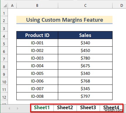 Thực hiện lệnh để căn giữa các trang tính đã chọn trong Excel