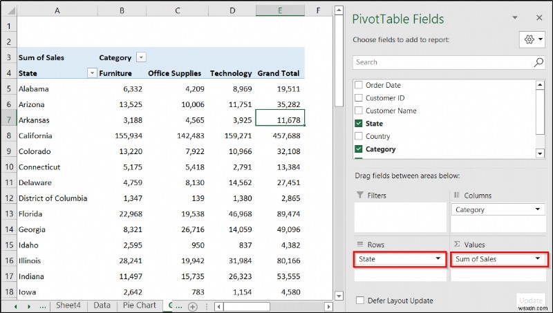 Tạo báo cáo hiển thị doanh số hàng quý theo lãnh thổ trong Excel