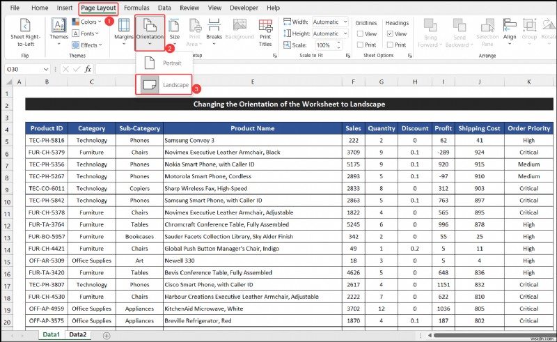 Cách thay đổi hướng của trang tính thành khổ ngang trong Excel