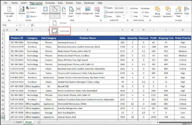 Cách thay đổi hướng của trang tính thành khổ ngang trong Excel