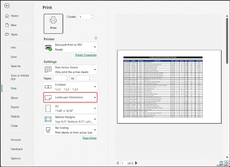 Cách thay đổi hướng của trang tính thành khổ ngang trong Excel