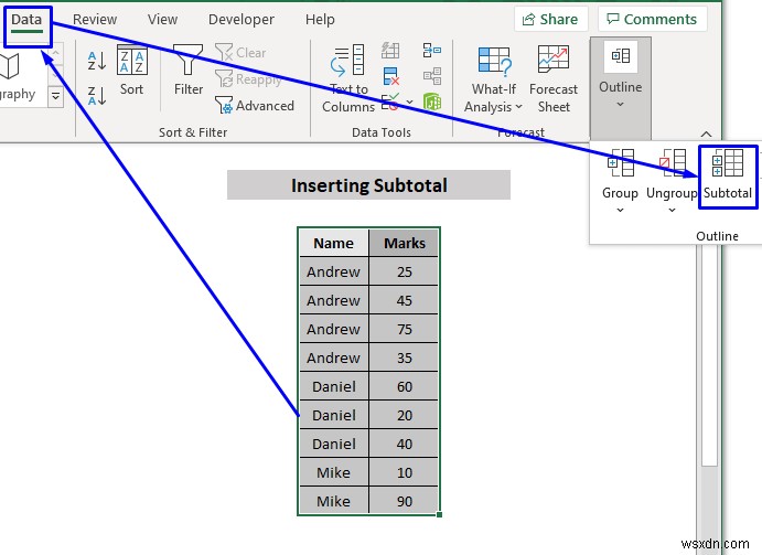 Cách chèn tổng phụ trong Excel