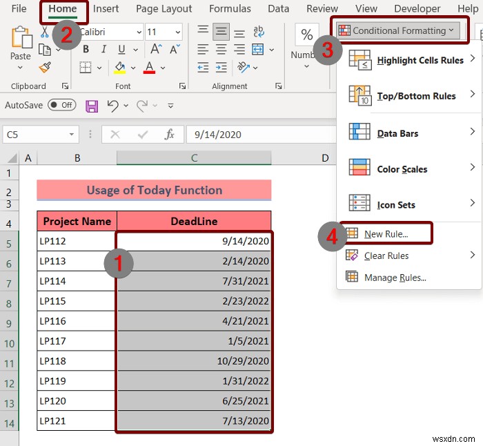 Áp dụng định dạng có điều kiện cho ngày quá hạn trong Excel (3 cách)