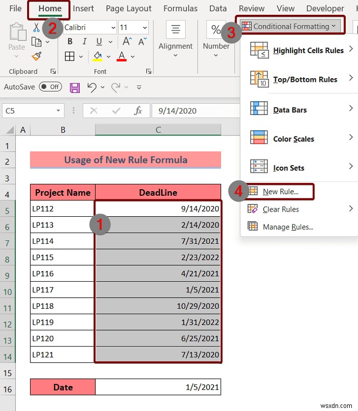 Áp dụng định dạng có điều kiện cho ngày quá hạn trong Excel (3 cách)