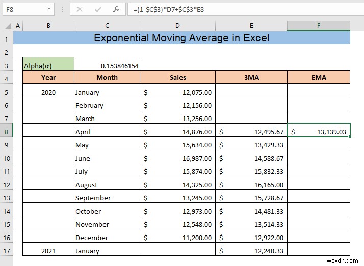 Cách tính trung bình trượt theo cấp số nhân trong Excel