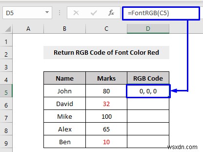 VBA để kiểm tra xem màu phông chữ là đỏ thì trả về kết quả trong Excel