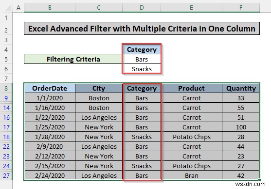 Áp dụng bộ lọc nâng cao dựa trên nhiều tiêu chí trong một cột trong Excel