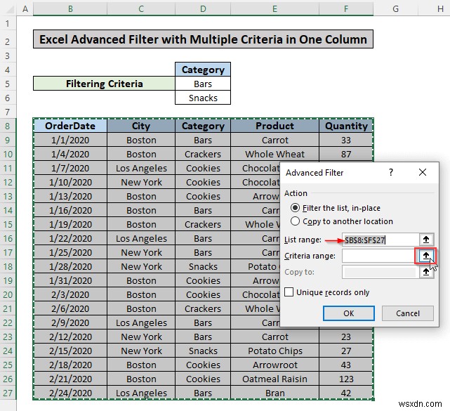 Áp dụng bộ lọc nâng cao dựa trên nhiều tiêu chí trong một cột trong Excel