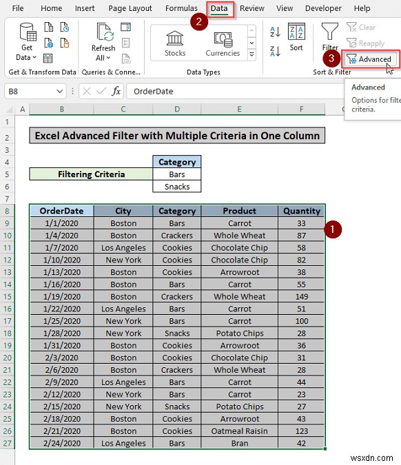 Áp dụng bộ lọc nâng cao dựa trên nhiều tiêu chí trong một cột trong Excel