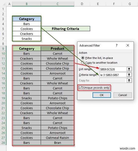 Áp dụng bộ lọc nâng cao dựa trên nhiều tiêu chí trong một cột trong Excel