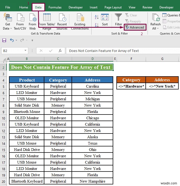 Bộ lọc nâng cao của Excel:Áp dụng  Không chứa  (2 phương pháp)