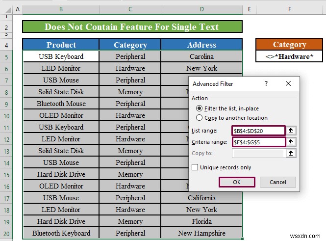 Bộ lọc nâng cao của Excel:Áp dụng  Không chứa  (2 phương pháp)