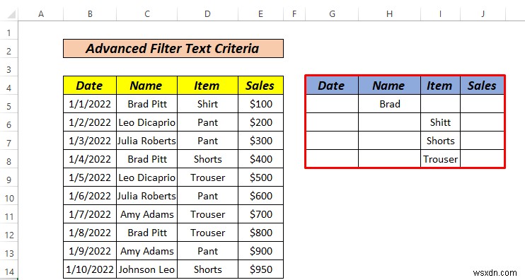 Cách sử dụng bộ lọc nâng cao nếu phạm vi tiêu chí chứa văn bản trong Excel