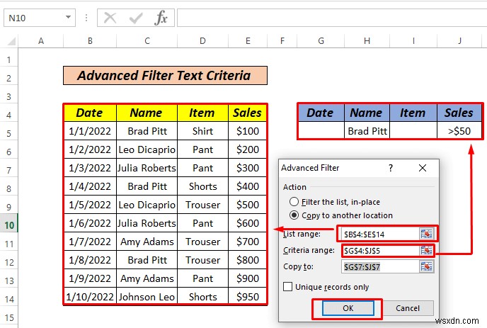 Cách sử dụng bộ lọc nâng cao nếu phạm vi tiêu chí chứa văn bản trong Excel