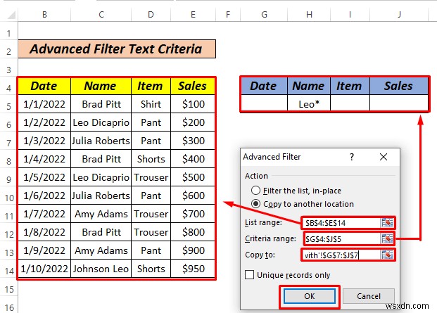 Cách sử dụng bộ lọc nâng cao nếu phạm vi tiêu chí chứa văn bản trong Excel