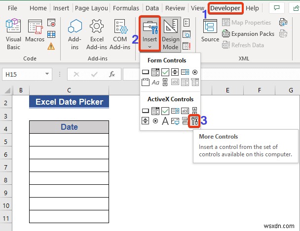 Bộ chọn ngày trong Excel cho toàn bộ cột