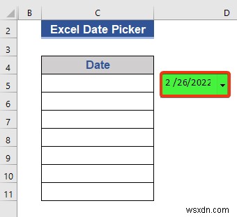 Bộ chọn ngày trong Excel cho toàn bộ cột