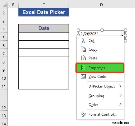 Bộ chọn ngày trong Excel cho toàn bộ cột