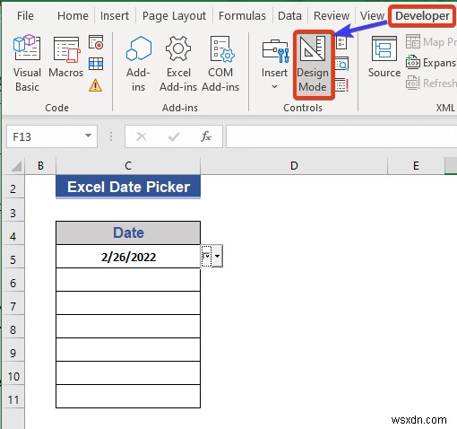 Bộ chọn ngày trong Excel cho toàn bộ cột