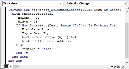 Bộ chọn ngày trong Excel cho toàn bộ cột