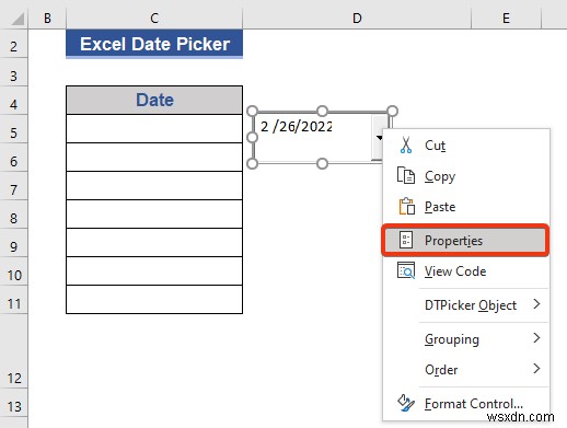 Bộ chọn ngày trong Excel cho toàn bộ cột