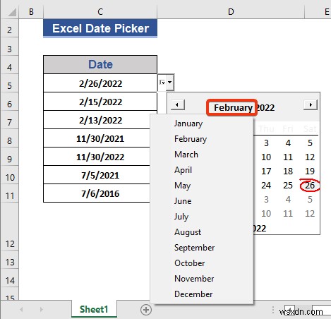 Bộ chọn ngày trong Excel cho toàn bộ cột