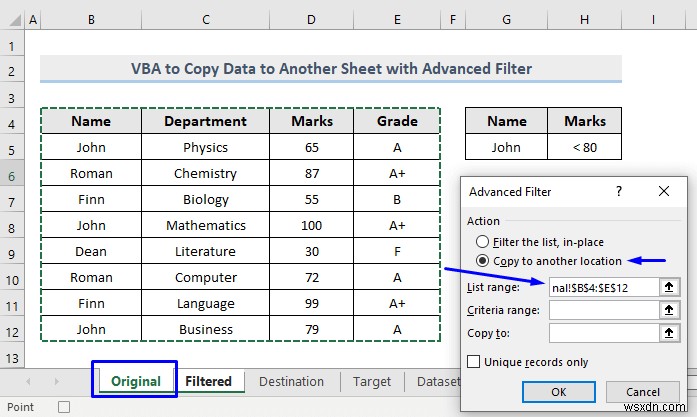 VBA để sao chép dữ liệu sang trang tính khác với bộ lọc nâng cao trong Excel