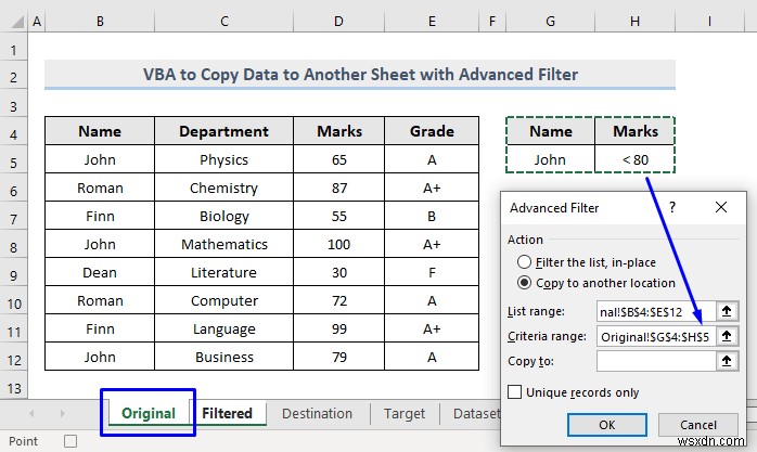 VBA để sao chép dữ liệu sang trang tính khác với bộ lọc nâng cao trong Excel