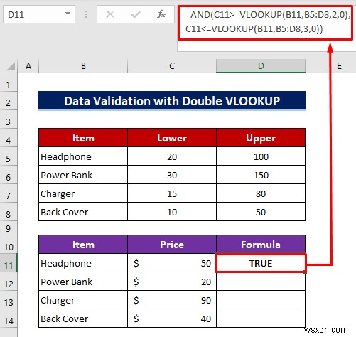 Cách sử dụng công thức VLOOKUP tùy chỉnh trong xác thực dữ liệu Excel