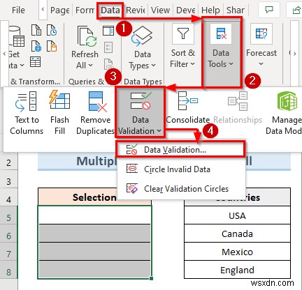 Tạo danh sách thả xuống xác thực dữ liệu với nhiều lựa chọn trong Excel