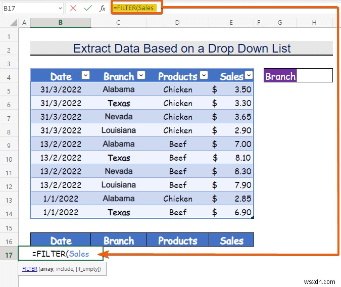 Cách trích xuất dữ liệu dựa trên lựa chọn danh sách thả xuống trong Excel