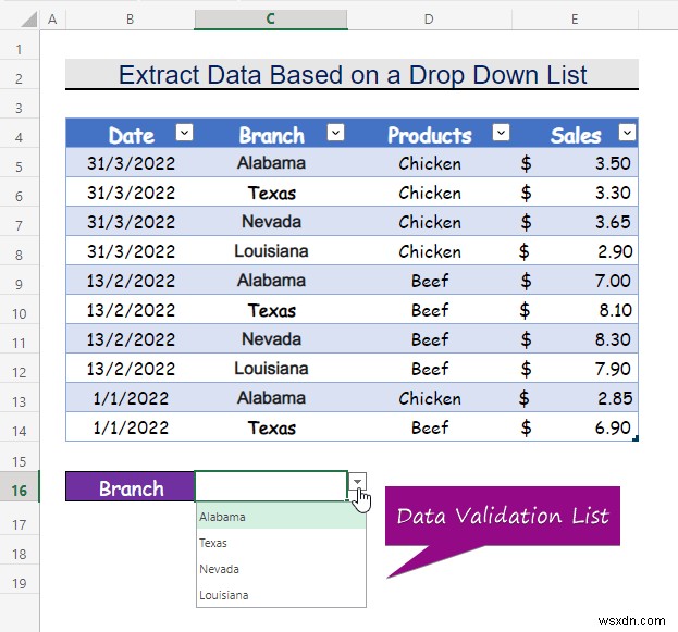 Cách trích xuất dữ liệu dựa trên lựa chọn danh sách thả xuống trong Excel