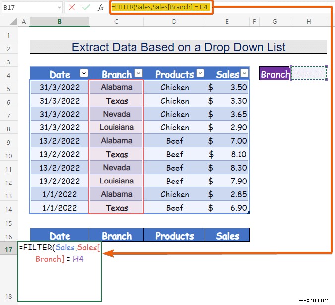 Cách trích xuất dữ liệu dựa trên lựa chọn danh sách thả xuống trong Excel