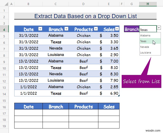 Cách trích xuất dữ liệu dựa trên lựa chọn danh sách thả xuống trong Excel