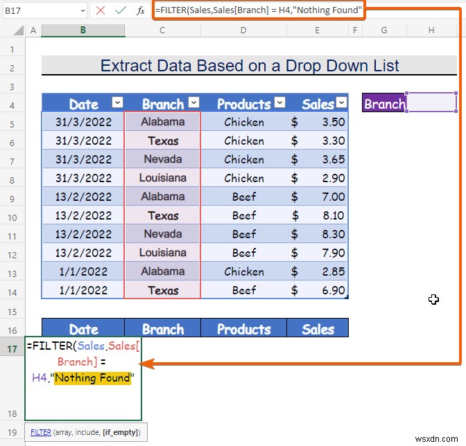 Cách trích xuất dữ liệu dựa trên lựa chọn danh sách thả xuống trong Excel