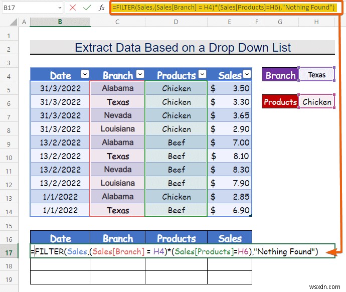 Cách trích xuất dữ liệu dựa trên lựa chọn danh sách thả xuống trong Excel