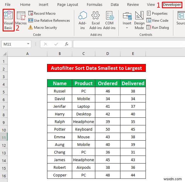 Bộ lọc tự động VBA:Sắp xếp Nhỏ nhất đến Lớn nhất (3 Phương pháp)