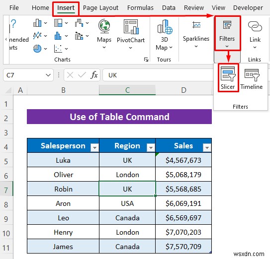 Cách chèn Slicer mà không có Pivot Table trong Excel