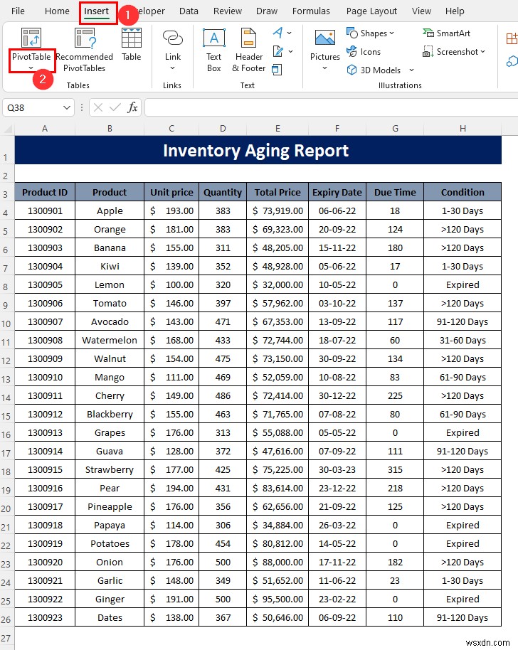 Cách tạo báo cáo tuổi tồn kho trong Excel (Nguyên tắc từng bước)