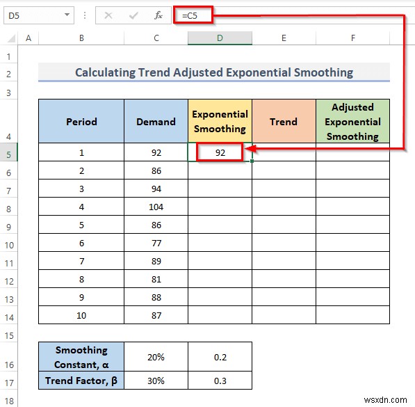 Cách tính làm trơn hàm mũ được điều chỉnh theo xu hướng trong Excel