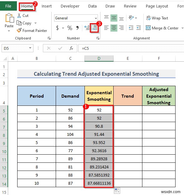 Cách tính làm trơn hàm mũ được điều chỉnh theo xu hướng trong Excel