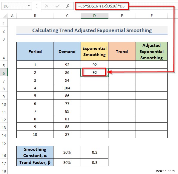 Cách tính làm trơn hàm mũ được điều chỉnh theo xu hướng trong Excel