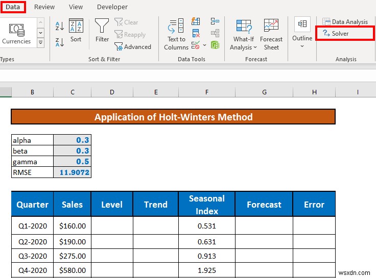 Thực hiện làm mịn theo cấp số nhân Holt-Winters trong Excel (với các bước đơn giản)