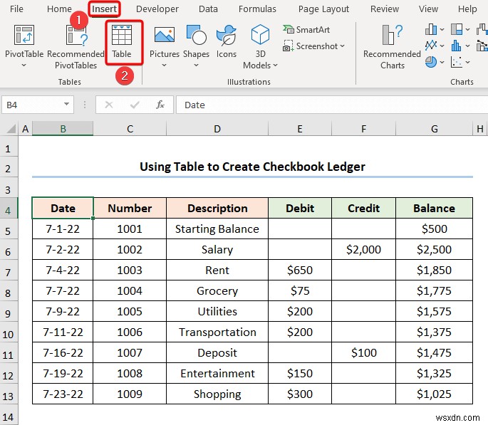 Cách tạo sổ cái sổ séc trong Excel (2 ví dụ hữu ích)