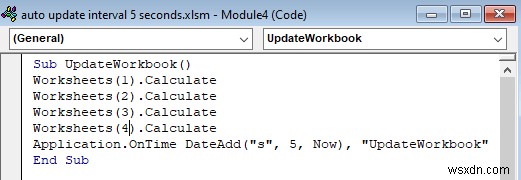 Cách tự động cập nhật với khoảng thời gian 5 giây trong Excel