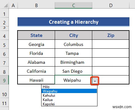 Cách tạo hệ thống phân cấp của thành phố tiểu bang và mã zip trong Excel