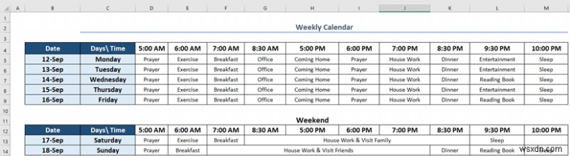 Cách tạo lịch hàng tuần trong Excel (3 cách phù hợp)