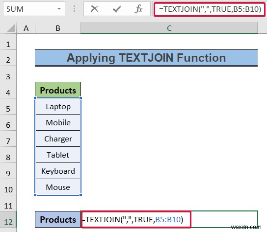 Cách chuyển đổi cột thành văn bản với dấu tách trong Excel