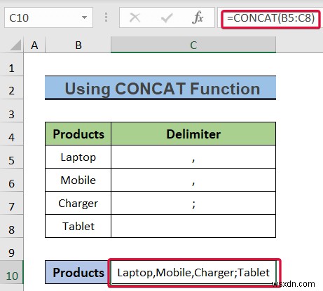 Cách chuyển đổi cột thành văn bản với dấu tách trong Excel